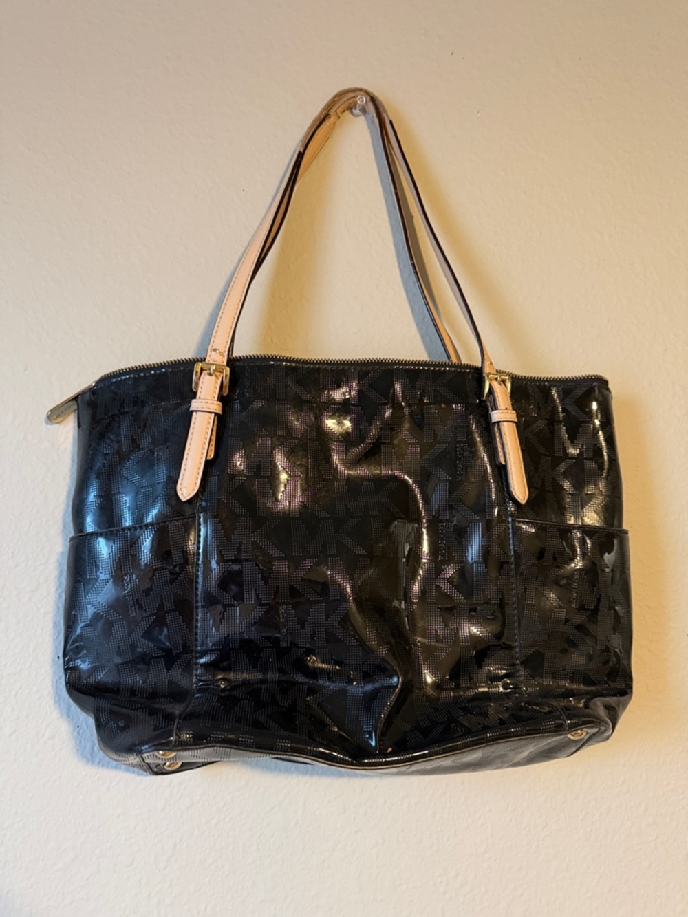 Michael Kors Black Patent Tote with Light Tan Straps